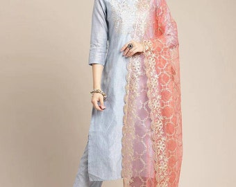 Indiase jurk - blauw verfraaide zijden Kurta met broek & Dupatta - Kurta set voor vrouwen - etnische bruiloft / feestkleding - Pakistaans pak