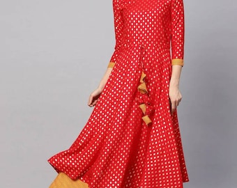 Kurta Set - Red Woven Design Kurta met rok - Indiase jurk - etnische slijtage - Indiase tuniek - Indiase bruiloft / party jurk voor vrouwen