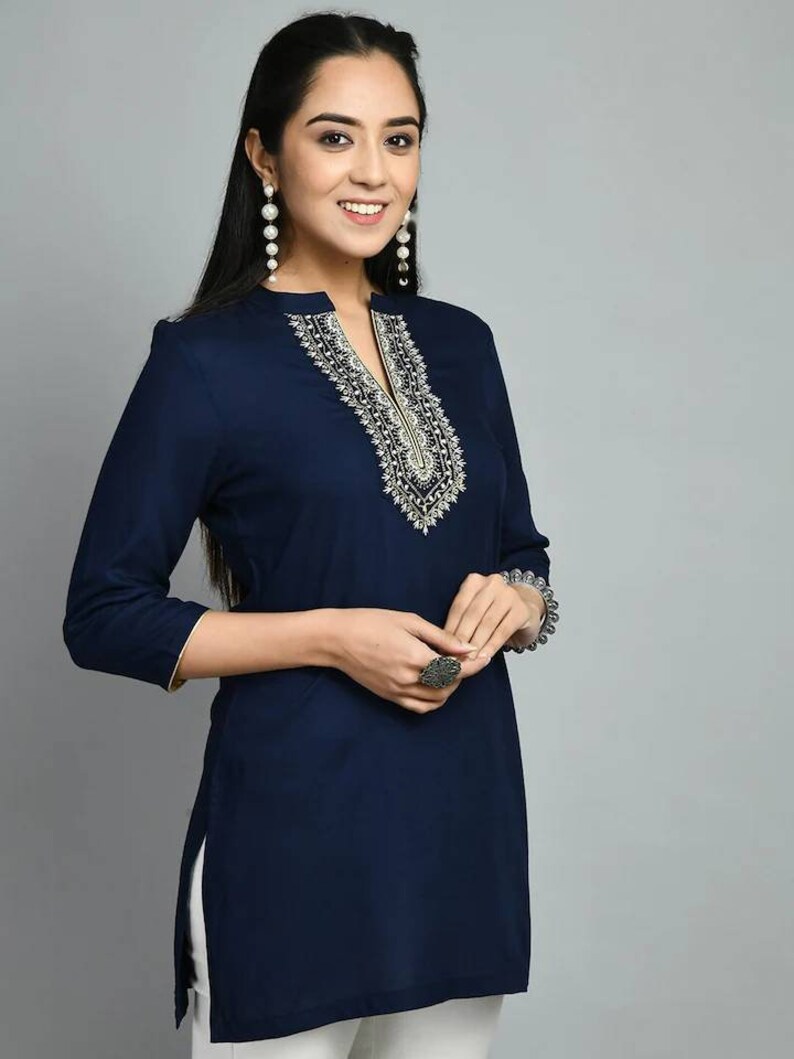 Embroidered Tunic Top For Women Navy Blue Floral Mandarin Collar Short Kurta For Women Indian Tunic Summer Tops Kurtis For Women zdjęcie 5