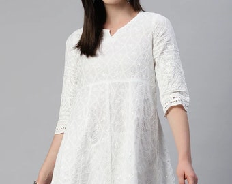 Chikankari Kurti - White Floral Embroidered Chikankari Cotton Kurti For Women - Tunics For Women - Summer Tops For Women - Ethnic Wear