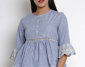 Indian Tunics For Women - Pure Cotton Blue Striped Bell Sleeve Top For Women - Short Kurtis For Women - Indian Dress - Summer Tops & Tees