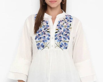 Tunique courte Kurti - Haut imprimé blanc en pur coton pour femme - Tunique indienne - Hauts et t-shirts ethniques - Robe indienne - Vêtements d'été Kurtis Femme