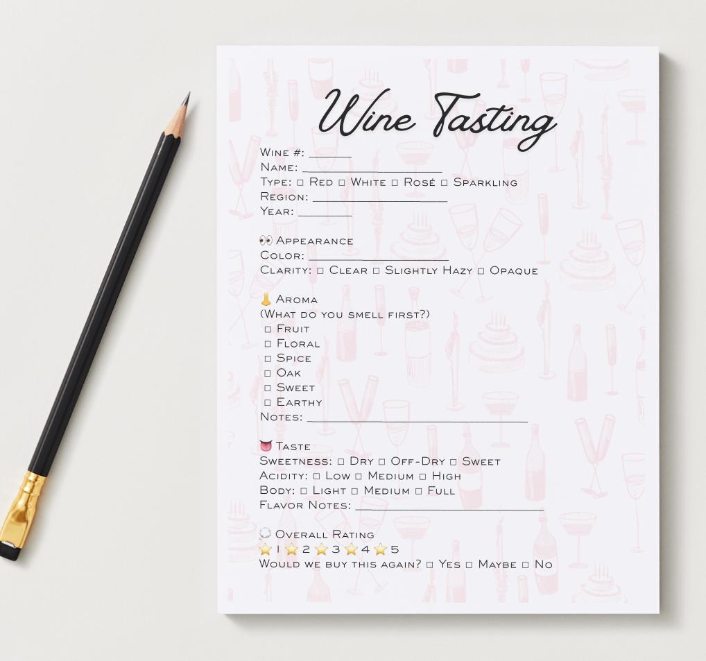Printable Wine Tasting Card | Instant Download | Wine Tasting Template ...