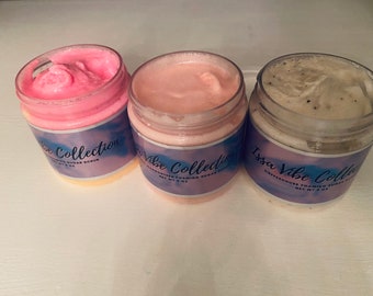 May include: Three jars of foaming sugar scrub with pink, peach, and beige colored scrubs. The jars have labels that say "Issa Vibe Collection" and "Coffeehouse Foaming Sugar Scrub" with a net weight of 3 oz.