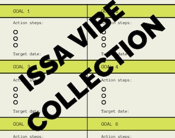 May include: A yellow and white goal tracker with the text "Turning my goals into reality" and "GOAL TRACKER". The tracker has six sections for goals, each with space for action steps and a target date.