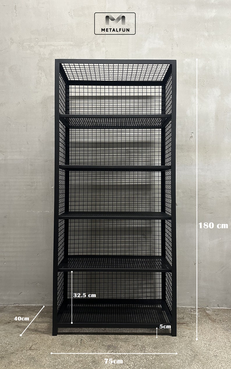 May include: Black metal shelving unit with six wire mesh shelves. The unit is 73 cm wide, 40 cm deep, and 180 cm tall. The shelves are 32.5 cm deep. The brand name "METALFUN" is displayed at the top.
