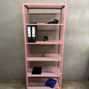 May include: A pink metal shelving unit with wire mesh sides and shelves. The shelves hold black binders, a black tablet, a black figurine, a blue box, and a black headset. The unit is against a gray wall.