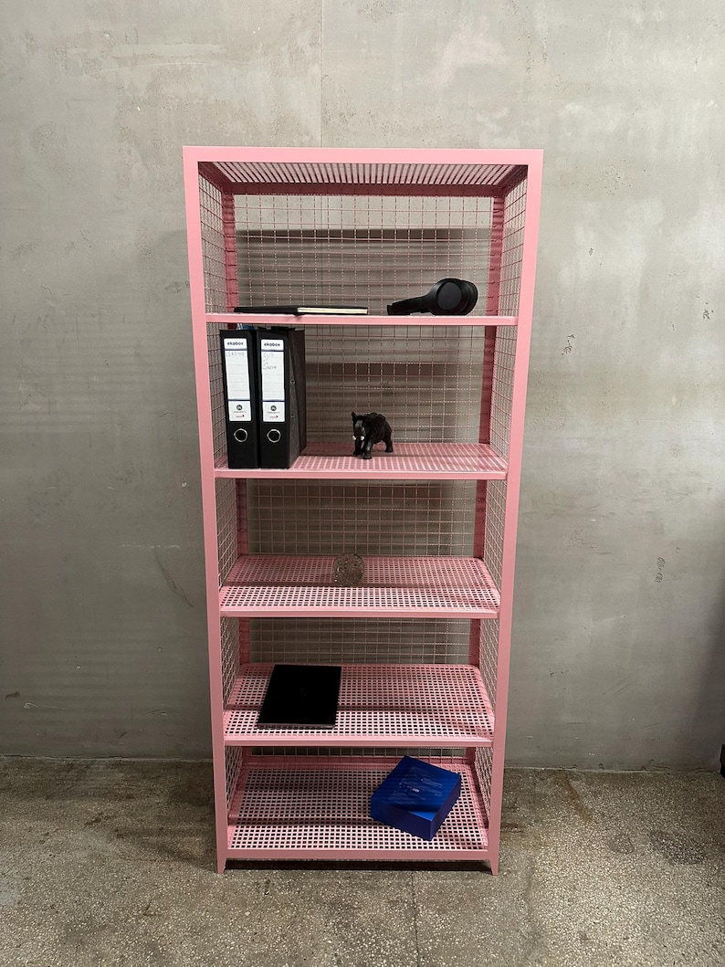 May include: A pink metal shelving unit with wire mesh sides and shelves. The shelves hold black binders, a black tablet, a black figurine, a blue box, and a black headset. The unit is against a gray wall.