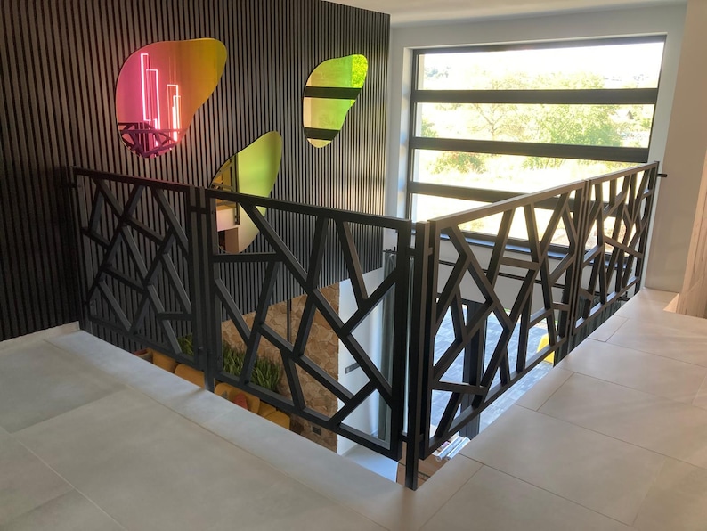 Geometric Pattern Railing Custom Metal Railing – Modern Loft Stair Railing – Minimalist Indoor ...