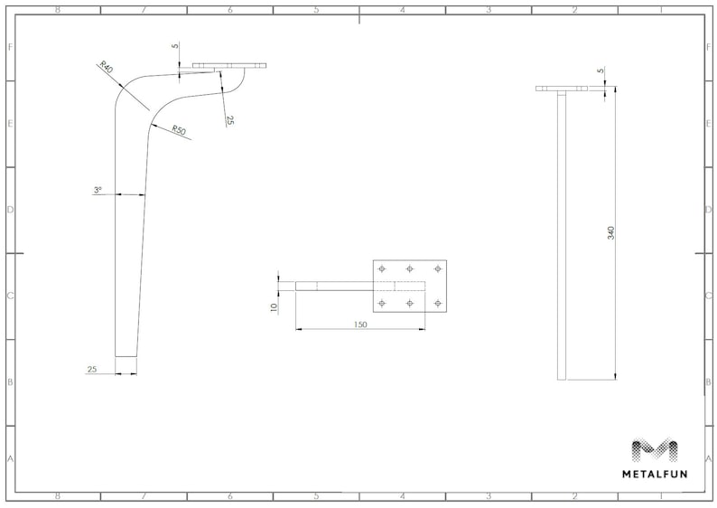 May include: Line drawing of a metal furniture leg with dimensions in centimetres. The leg is 7.6 cm wide, 63.5 cm long, and has a 1.3 cm radius bend. The leg is attached to a 25.4 cm by 381 cm metal plate with 10 holes. The drawing also shows a separate metal leg with a 863.6 cm length.