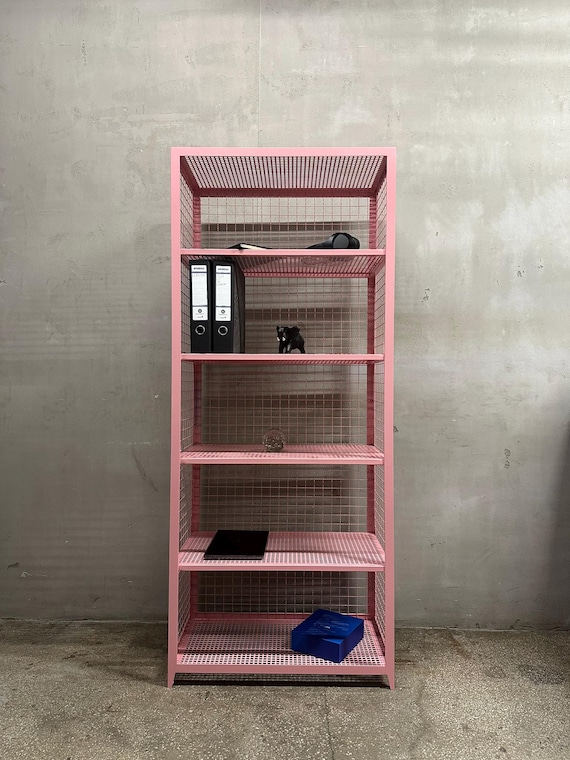 RYZE Industrial Metal Shelf – Pink Steel Frame Storage Rack with 5 Perforated Shelves  – Heavy Duty Shelving for Clothes, Toys, Alcohol