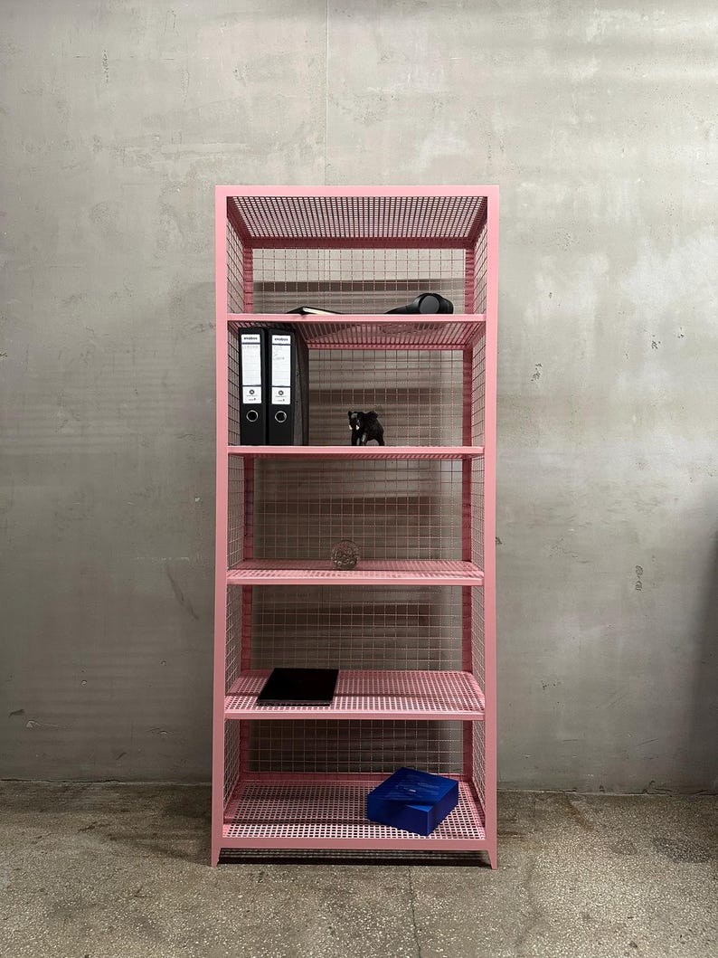 May include: A pink metal wire shelf unit with five shelves. The shelves hold various items, including black binders, a small black figurine, a tablet, and a blue box. The unit is against a gray concrete wall.