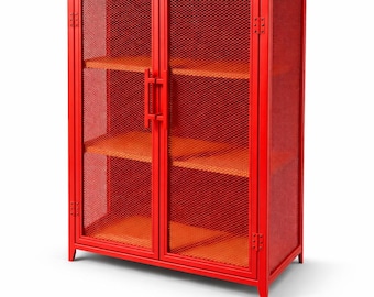 Industrial Metal Mesh Cabinet / Sideboard – Handmade Steel Storage Cabinet with Glass or Wood Shelves – Modern Loft Furniture