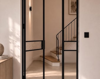 Custom Steel Frame Door with Fixed Side Panel, Hammered Monumental M Glass, Modern Loft Interior Door, Black Metal Swing Door, DSF10
