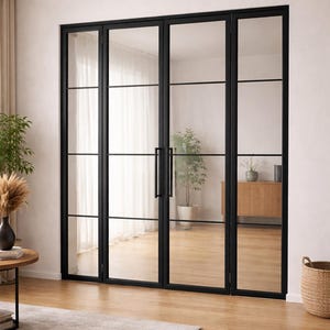 Puede incluir: Un interior moderno con una gran puerta de cristal con marco negro. La puerta tiene múltiples paneles y un tirador negro. La habitación cuenta con una alfombra de color claro, suelos de madera y una pared de tonos neutros. Se ven una planta en maceta y una mesa auxiliar.