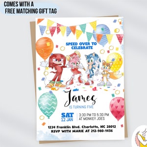 invitation d'anniversaire sonic numérique, jointures sonores, invitation d'anniversaire d'enfants, invitation d'anniversaire sonic modifiable