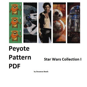 Peut inclure: Un téléchargement numérique d'un modèle de broderie en point de peyote sur le thème de Star Wars. Le modèle comprend quatre motifs : un personnage de Star Wars, un vaisseau spatial, un droïde et une créature de l'univers Star Wars. Le modèle est intitulé "Peyote Pattern PDF Star Wars Collection I by Douzesses Beads".