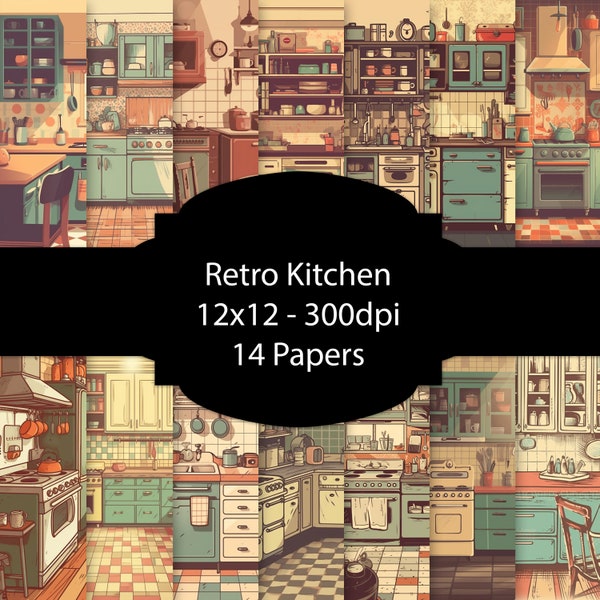 Retro Kitchen Digital Paper, Cooking Background, Grandma's Kitchen Paper Pack, For Scrapbooking, For Cards, For Invitations, Junk Journal