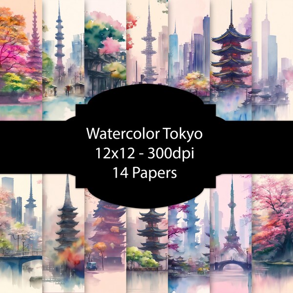 Watercolor Tokio Digital Paper, Japanese Background, Beautiful City Paper Pack, For Scrapbooking, For Cards, For Invitations, Junk Journal