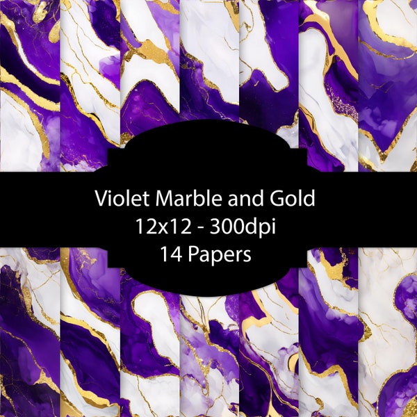 Violet Marble and Gold Digital Paper, Stone Background, Purple Paper Pack, For Scrapbooking, For Cards, For Invitations, Junk Journal, Set