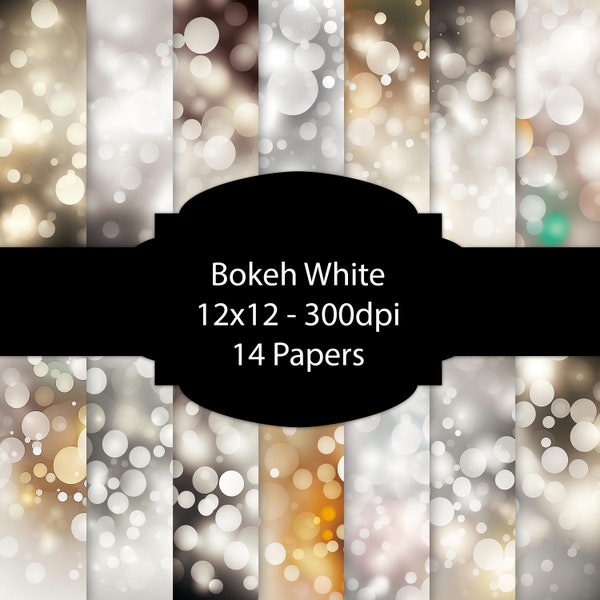 Bokeh White Digital Paper, White Glitter Background, Wedding Paper Pack, For Scrapbooking, For Cards. For Invitations, Grey and Gold, Set