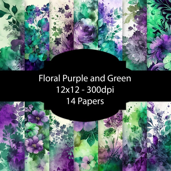 Floral Purple and Green Digital Paper, Flower Background, Watercolor Paper Pack, For Scrapbooking, For Cards, For Invitations, Junk Journal