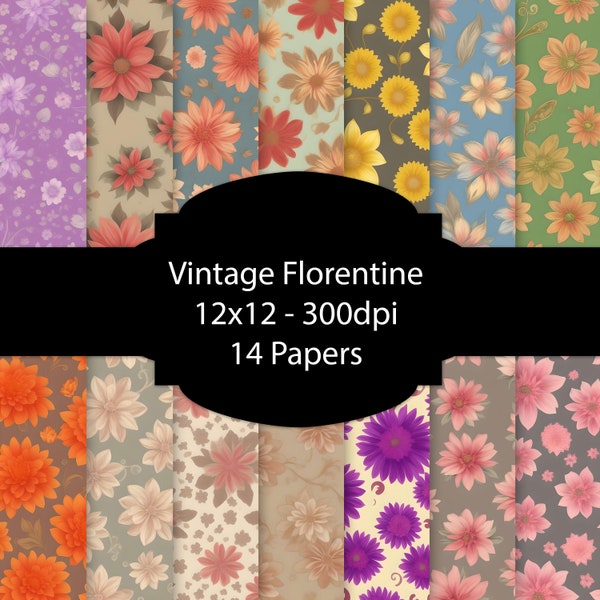 Florentine Digital Paper, Floral Background, Victorian Flowers Paper Pack, For Scrapbooking, For Cards, For Invitations, Junk Journal