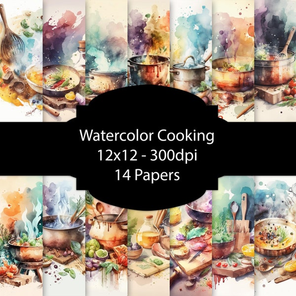 Watercolor Cooking Digital Paper, Kitchen Background, Yummy Paper Pack, For Scrapbooking, For Crads, For Invitations, Junk Journal, Bundle