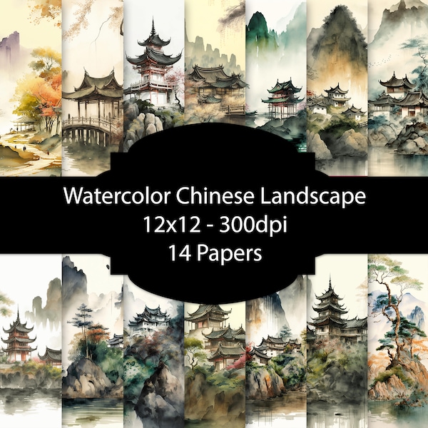 Watercolor Chinese Landscape Digital Paper, Vintage Background, Paper Pack, For Scrapbooking, For Cards, For Invitations, Junk Journal