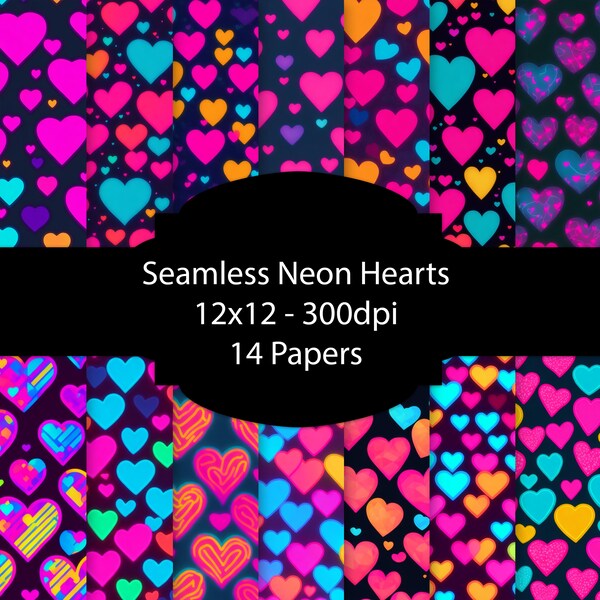 Neon Hearts Seamless Pattern, Valentine Digital Paper, Love Background, Modern Scrapbooking Paper, Colorful Paper Pack, Glow, Fabric Pattern