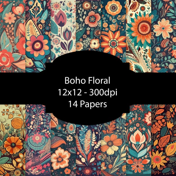 Boho Floral digitaal papier, bloemachtergrond, botanisch papierpakket, voor scrapbooking, voor kaarten, voor uitnodigingen, junk journal, kleurrijk