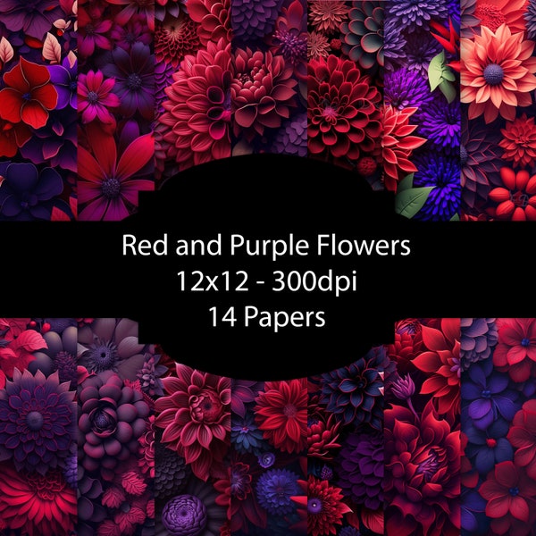 Red and Purple Flowers Digital Paper, Floral Background, Violet Paper Pack, For Scrapbooking, For Cards, For Invitations, Junk Journal, Set