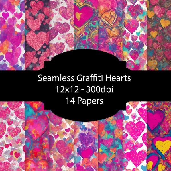 Graffiti Hearts Seamless Paper, Abstract Digital Paper, Urban Background, Valentines Scrapbooking Paper, Love Paper Pack, Geometric, Grunge