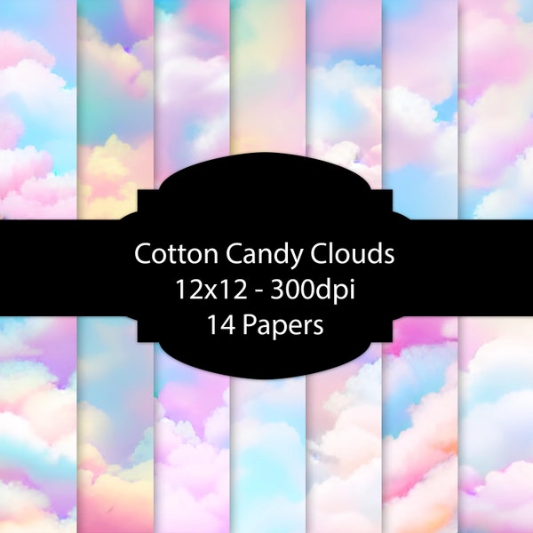 Cotton Candy Coulds Digital Paper, Colorful Background, Rainbow Printable Paper Pack, For Scrapbooking, For Cards, For Invitations, Pretty