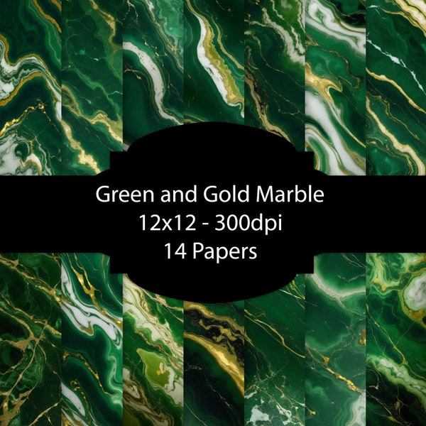 Green and Gold Marble Digital Paper, Elegant Background, Luxury Paper Pack, For Scrapbooking, For Cards, For Invitations, Junk Journal, Set