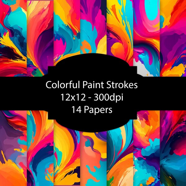 Colorful Paint Strokes Digital Paper, Abstract Background, Modern Paper Pack, For Scrapbooking, For Cards, For Invitations, Junk Journal