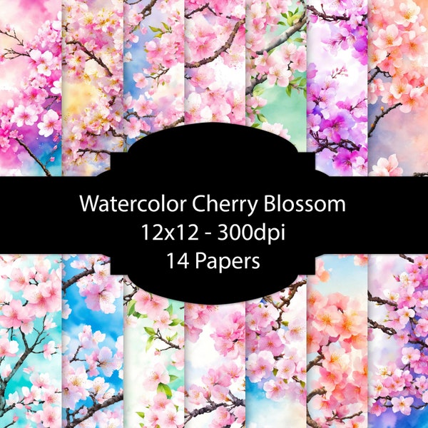 Watercolor Cherry Blossom Digital Paper, Japanese Background, Sakura Paper Pack, For Scrapbooking, For Cards, For Invitations, Junk Journal