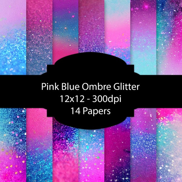 Pink Blue Ombre Glitter Digital Paper, Confetti Background, Bubble Gum Printable Paper, For Scrapbooking, For Cards, For Invitations, Glam