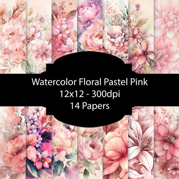 Watercolor Floral Pastel Pink Digital Paper, Flower Background, Botanical Paper Pack, For Scrapbooking, For Cards, For Invitations, Bundle