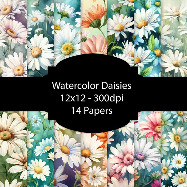 Watercolor Daisies Digital Paper, Flower Background, Floral Paper Pack, For Scrapbooking, For Cards, For Invitations, Junk Journal, Botanic