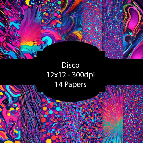 Disco Digital Paper, Glow Background, Glam Paper Pack, For Scrapbooking, For Cards, For Invitations, Colorful, Vibrant Colors, Bundle