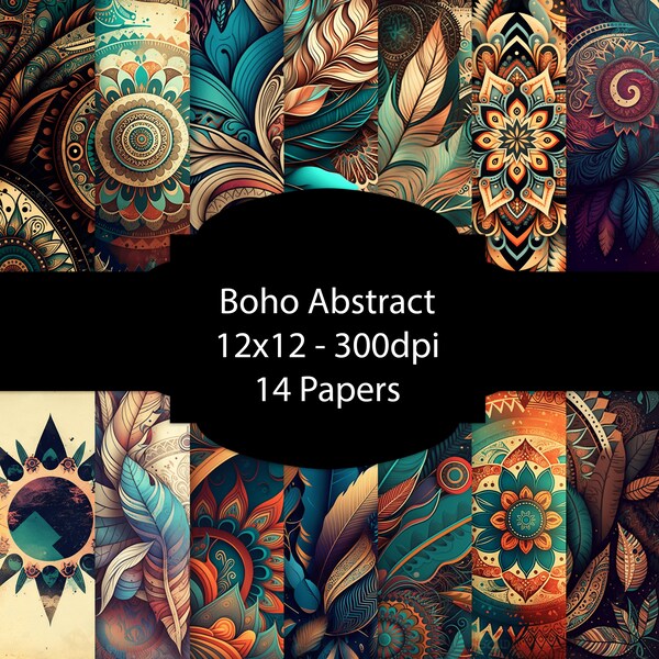 Boho abstraktes digitales Papier, Boho Hintergrund, buntes Papiersatz, für Scrapbooking, für Karten, für Einladungen, Junk-Journal, Federn