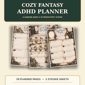May include: A digital planner set titled Cozy Fantasy ADHD Planner featuring a gamified quest and XP productivity system. The set includes 20 planner pages and 5 sticker sheets in A4, US Letter, and A5 sizes, displayed with fantasy-themed graphics.