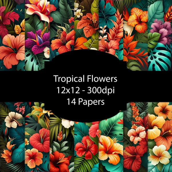 Tropical Flowers Digital Paper, Floral Background, Decoupage Paper Pack, For Scrapbooking, For Cards, For Invitations, Junk Journal, Clipart