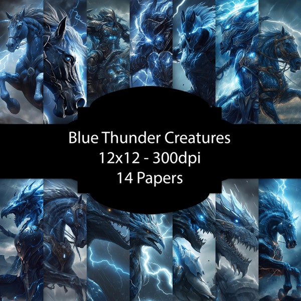 Blue Thunder Creatures Digital Paper, Fantasy Background, Stormy Lighting Paper Pack, For Scrapbooking, For Cards, For Invitations, Bundle