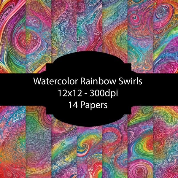 Watercolor Rainbow Swirls Digital Paper, Abstract Background, Colorful Paper Pack, For Scrapbooking, For Cards, For Invitations, Many Colors