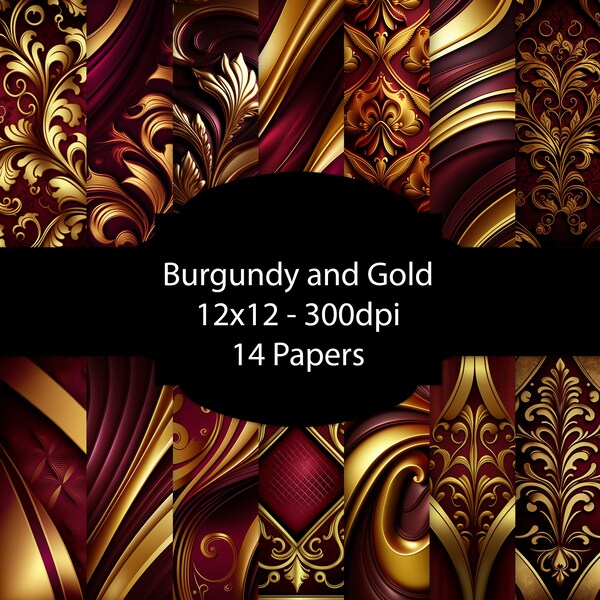 Burgundy and Gold Digital Paper, Damask Background, Floral and Geometrical Paper Pack, For Scrapbooking, For Cards, For Invitations, Set