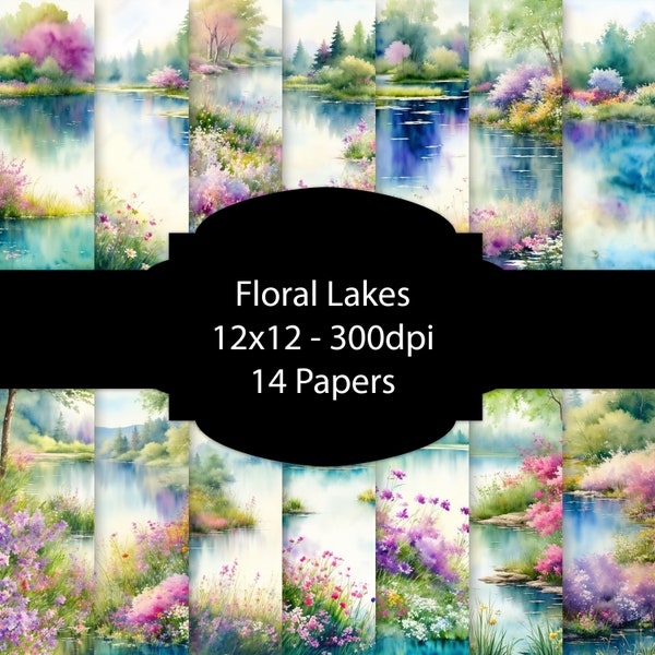 Watercolor Floral Lakes Digital Paper, Pond Background, Flowers and Water Paper Pack, For Scrapbooking, For Cards, For Invitations, Bundle