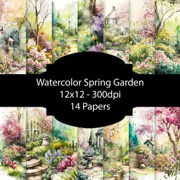 Watercolor Spring Garden Digital Paper, Gardening Background, Floral Paper Pack, For Scrapbooking, For Cards, For Invitations, Junk Journal