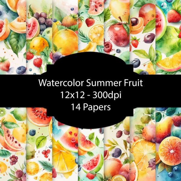 Watercolor Summer Fruit Digital Paper, Colorful Background, Kitchen Paper Pack, For Scrapbooking, For Cards, For Invitations, Junk Journal